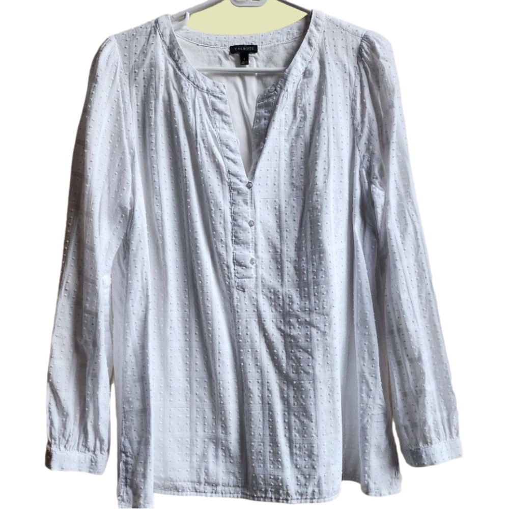 Swiss Dot Long Sleeve Blouse Button Up Collarless Shirt Talbots Size Large EUCc